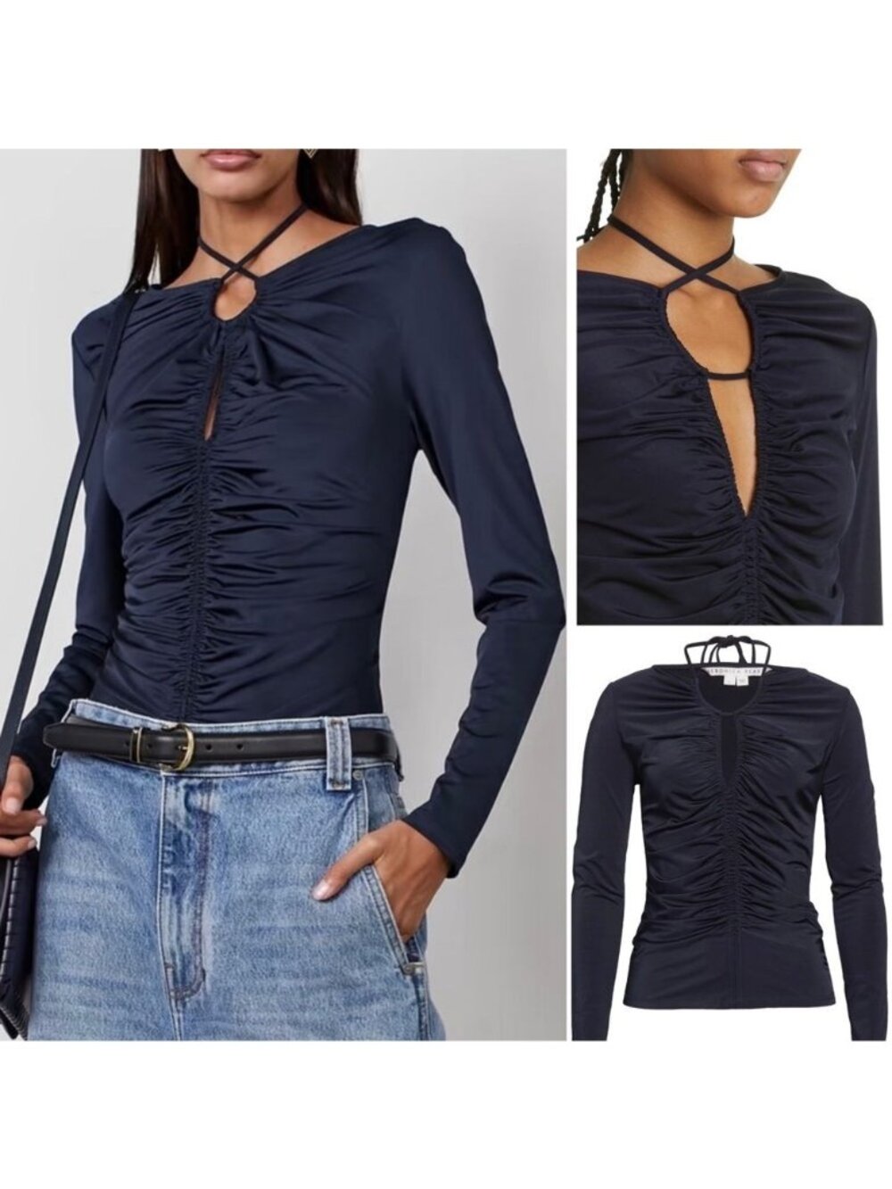 Veronica Beard Navy Blue Roque Ruched Tie Back Top Keyhole Neck Size 12 Chic